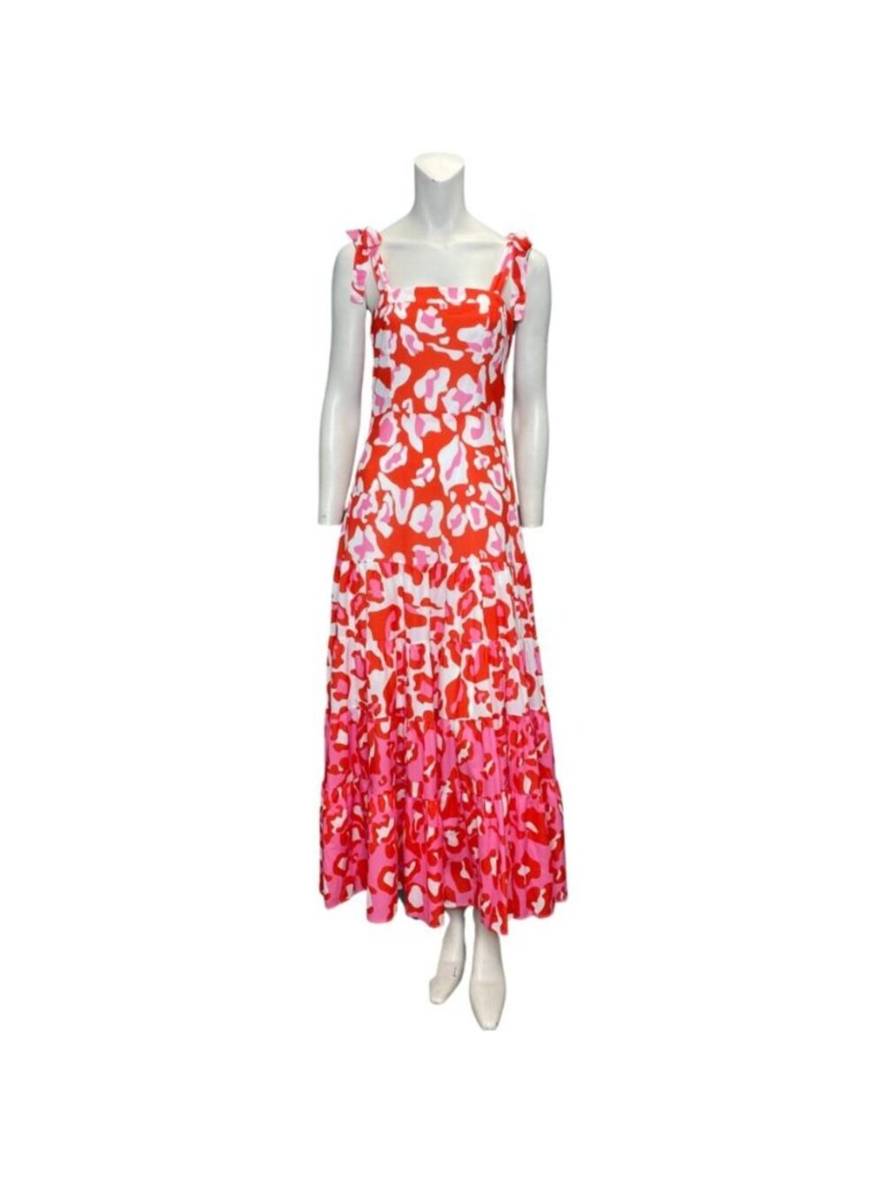 Beulah Style Tie Strap Leopard Print Tiered Maxi Dress Orange Pink Size Small NW